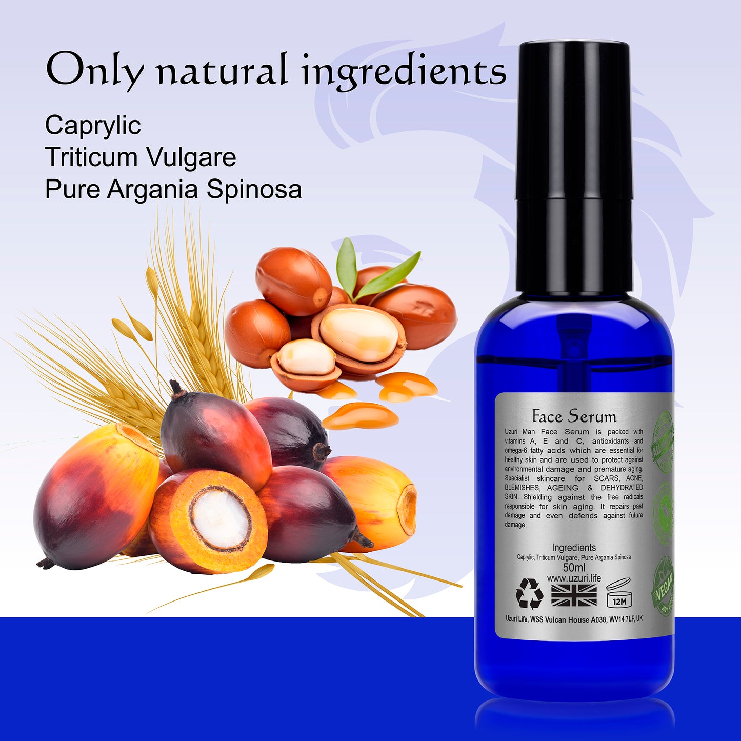 Men's Organic Face Serum - Hydrating, Argan Oil, Vegan, Acne & Ageing Skin 50ml