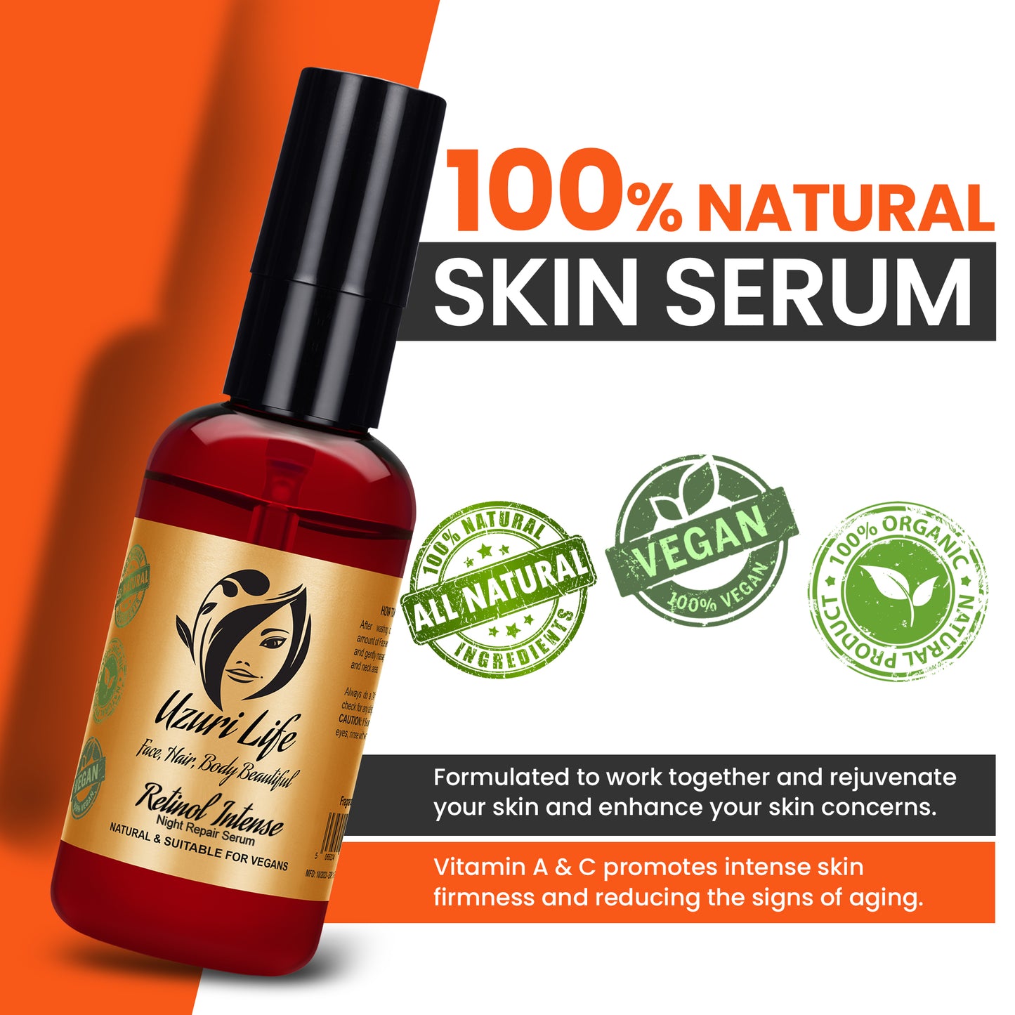 Uzuri Life Retinol Intense Serum - Anti-Wrinkle, Hydrating, Vegan, All Skin Types
